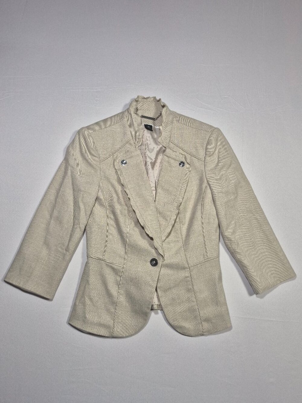 White House Black Market Blazer 00 Beige Ruffle 3/4 Sleeve Button Back Military